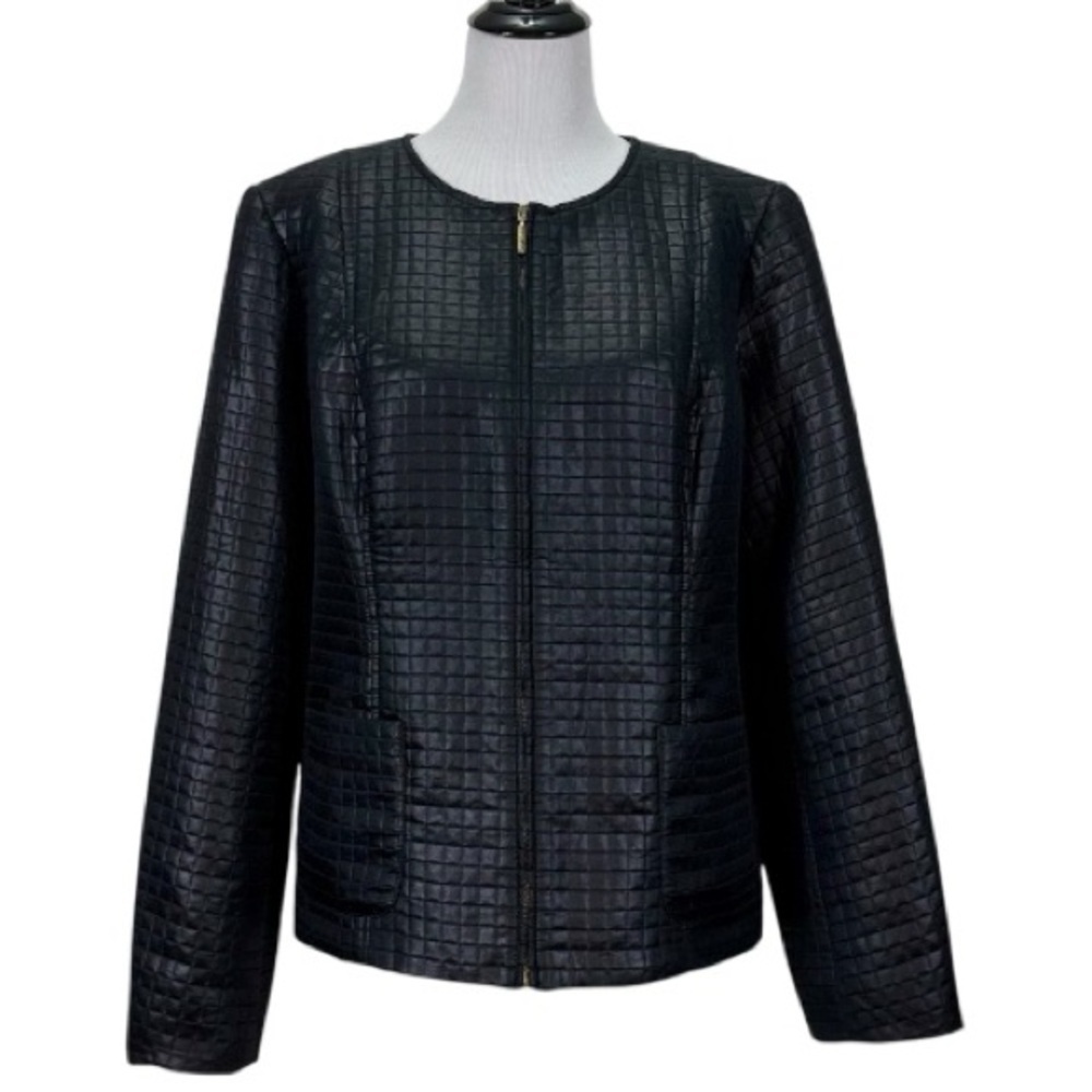 Valerie Stevens Quilted Black Zip Front Jacket Grid Stitch Lightweight XL